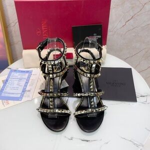 Valentino Black Leather Pyramid-Stud Strappy Heels with Gold Studs
